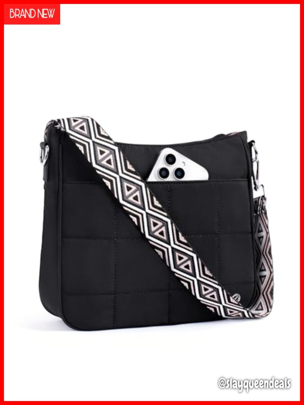 Quilted Nylon Crossbody Hobo Bag with Guitar Strap